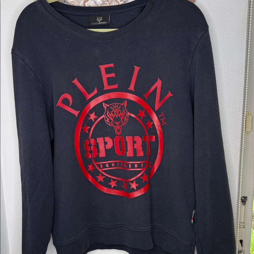Plein Sport Men's Navy Blue Sweater with Red Logo Size L